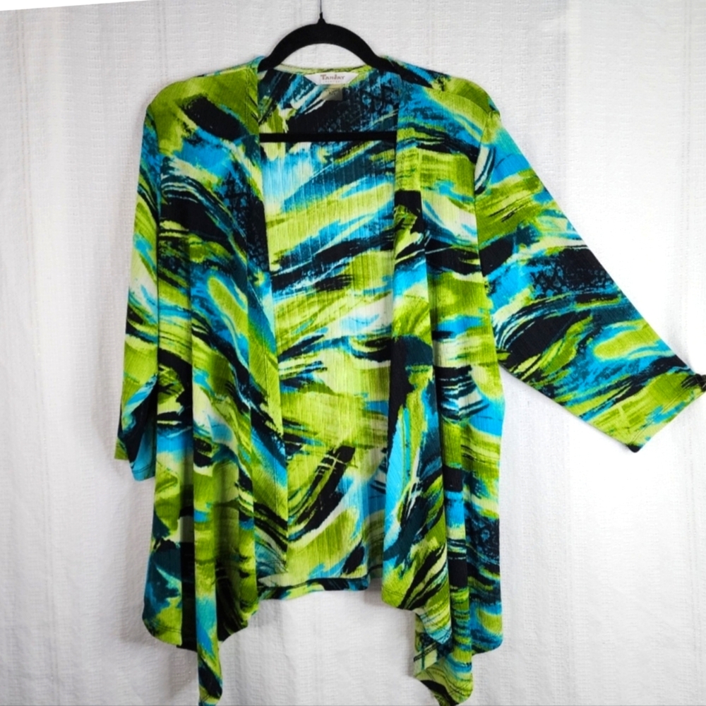 NWOT  TAN JAY ABSTRACT BLUE/GREEN/BLACK WATERFALL DUSTER - SIZE LARGE PETITE